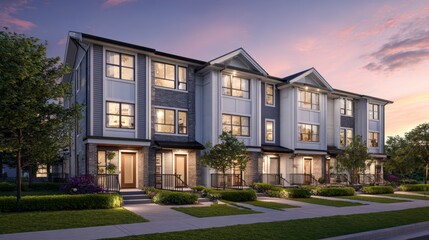 A row of homes on a suburban street appears picturesque under the warm glow of morning sunlight with their exteriors well-maintained