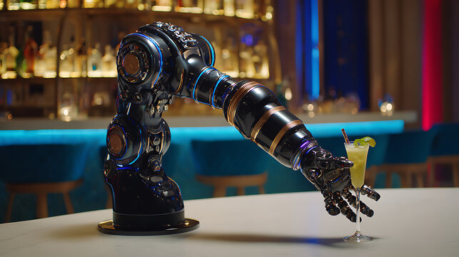 Robotic arm serving a cocktail in a modern bar setting