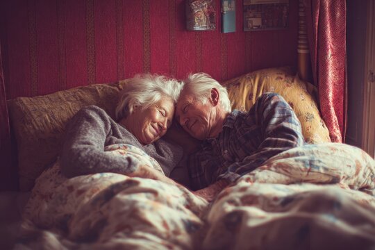 Older Couple Bed. Caucasian Elders in Casual Attire Relaxing in Bedchamber