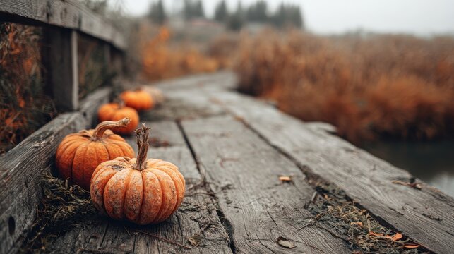 Halloween Zoom. Pumpkin Harvest on an Old Weathered Wooden Bridge