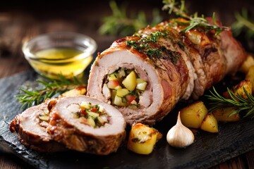 Stuffed Pork Tenderloin. Roasted Roll with Fresh Vegetable Stuffing and Garlic Sauce