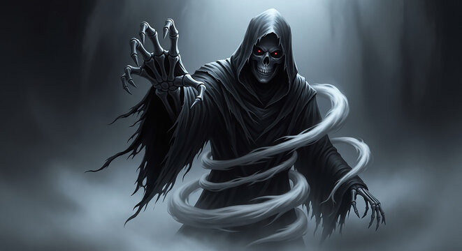 Grim reaper skeleton death reaching out in fog