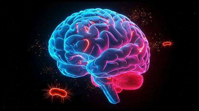 Anatomical brain model with blue and red glow and floating brain eating amoeba on a neutral backdrop view