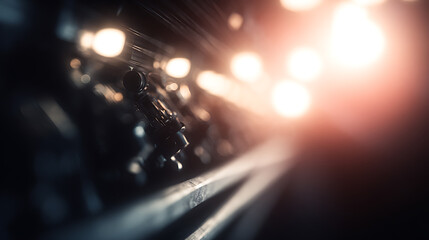 Close-up of audio mixing console with illuminated knobs and sliders in a dimly lit studio environment