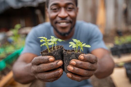A man holds two small pots with tomato seedlings in a vibrant community garden. The sun shines as he shares his passion for sustainable farming with others nearby - Powered by Adobe