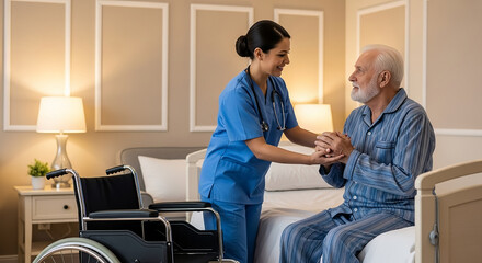 Obraz premium Caregiver assisting senior man in nursing home bed