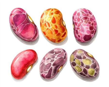 Magic Beans Watercolor Illustration of Colorful Kidney Beans, Protein-Rich Organic Vegetable