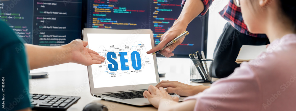 Poster seo search engine optimization for brisk e-commerce and online retail business showing on computer s