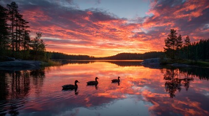 A lake at early evening is the setting for a serene atmosphere, with ducks swimming and a colorful sky at sunset
