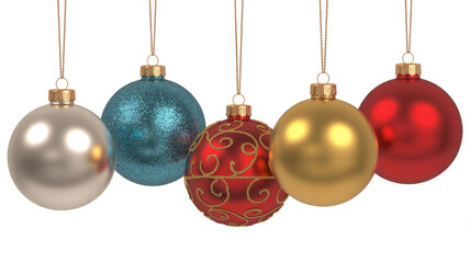 Assorted Decorative Baubles in Silver Blue Red and Gold Hanging Against a White Background