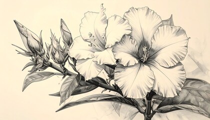 Detailed pencil sketch of hibiscus flowers