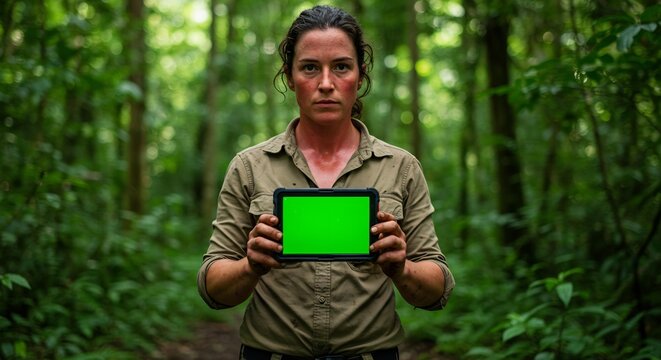 Dedicated woman holds green screen tablet in a lush tropical forest, highlighting environmental technology and conservation efforts