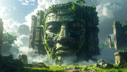 Huge ancient stone face overgrown with jungle foliage in a misty, ruined landscape