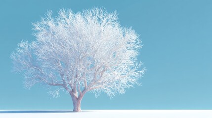 A cool blue background provides a striking contrast to the delicate silhouette of a snow-covered winter tree