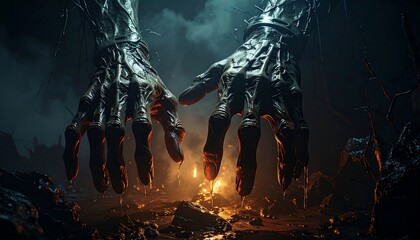 Huge, gnarled hands emerge from darkness, reaching out