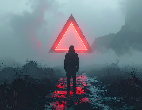 A figure stands before a glowing triangle portal in a misty landscape