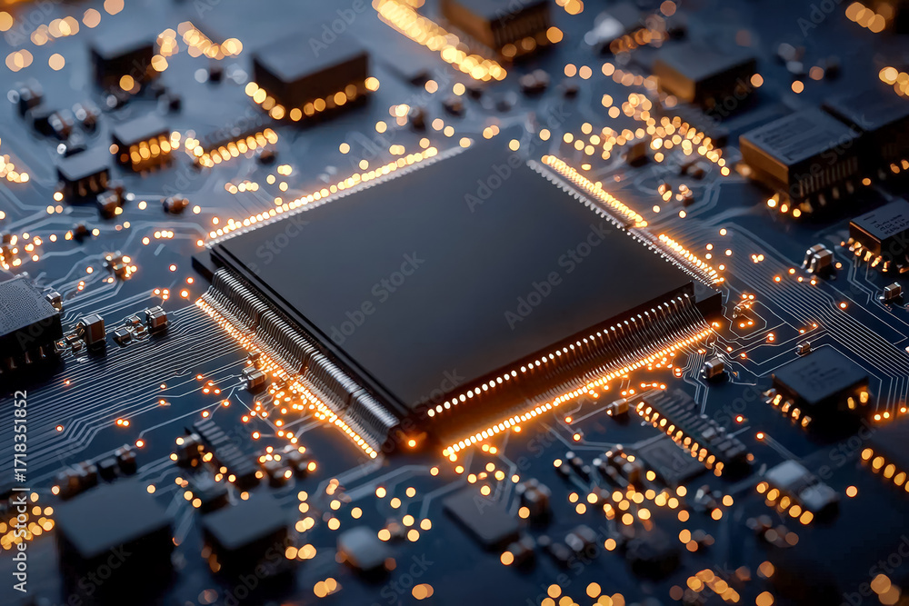 Poster close-up of a computer motherboard with illuminated circuits and processing chip