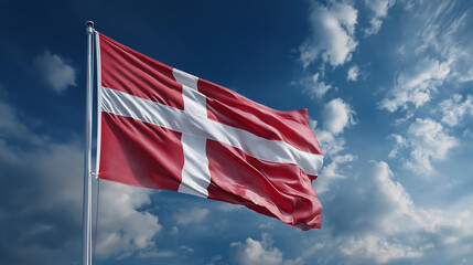 Danish flag waving under a bright blue sky with soft white clouds.