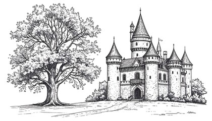 Obraz premium Detailed sketch of a castle and tree