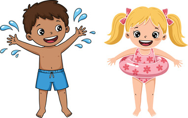Cartoon kids swimming, summer fun, pool activity, water play, beach vacation, healthy lifestyle, children splashing, inflatable ring, joyful moment, animation