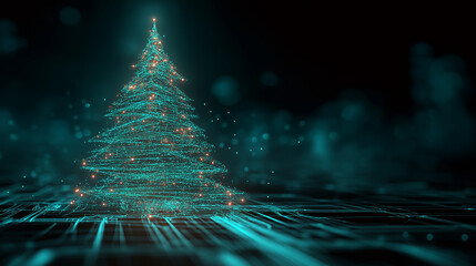 Digital Christmas tree with abstract technology elements glowing in festive colors on shiny dark background , symbolizing innovation and the fusion of tech and holiday spirit.