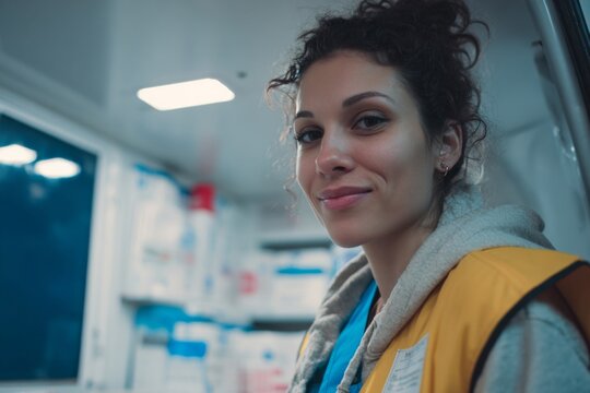 A dedicated healthcare worker wearing a yellow vest and scrubs smiles while inside an ambulance. The background shows medical supplies in a city at night - Powered by Adobe