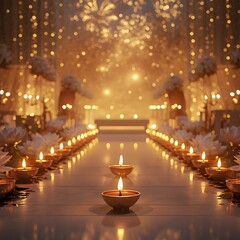 Beautiful Diwali Background with Golden Diyas and Blooming Flowers