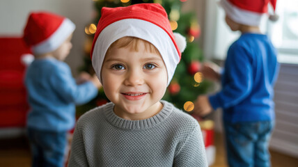 Smiling Young Boy Wearing a Red Hat with Children and a Decorated Tree Indoors