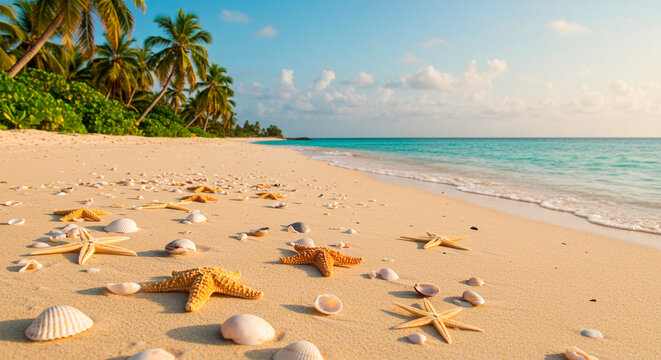 Starfish and seashells scattered on a tropical paradise beach with palm trees and blue ocean