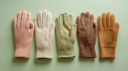 Row of colorful wool gloves on pastel green background, flat lay top view