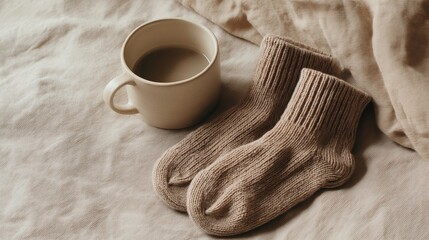 Knitted wool socks with ceramic mug on beige bedding, cozy autumn top view
