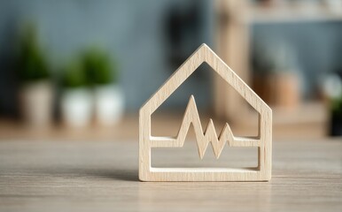 A wooden house model accompanied by a heartbeat symbol signifies rehabilitation and retirement care provided in a home environment characterized by tranquility and comfort