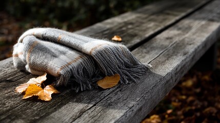Plaid wool scarf with fringe on rustic wooden bench among autumn leaves, moody outdoor close up