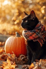 Black cat in plaid scarf with pumpkin on autumn leaves, golden hour portrait