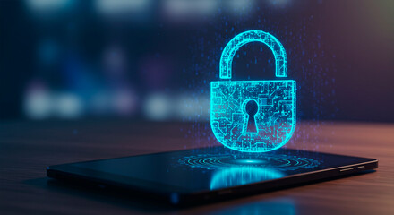 Illuminated digital padlock floating over a tablet, representing cybersecurity and data protection