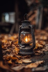 Vintage oil lantern glowing among autumn leaves, rustic fall evening close up