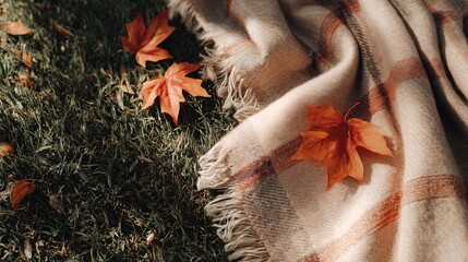 Plaid wool blanket with fringe on grass and autumn maple leaves, warm afternoon close up