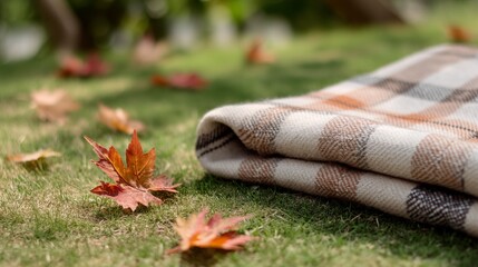 Folded plaid wool blanket on grass with autumn leaves, outdoor picnic mood