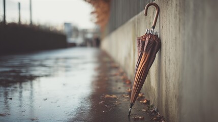 Closed umbrella leaning against wet concrete wall on rainy autumn day