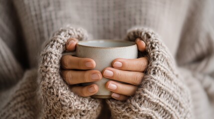 Hands in chunky knit sweater holding warm ceramic mug, cozy autumn close up