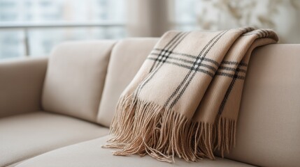 Beige plaid wool throw with fringe on cozy sofa in soft light living room