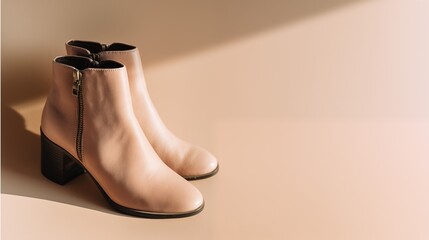 Beige leather ankle boots with block heel on minimal background in warm sunlight