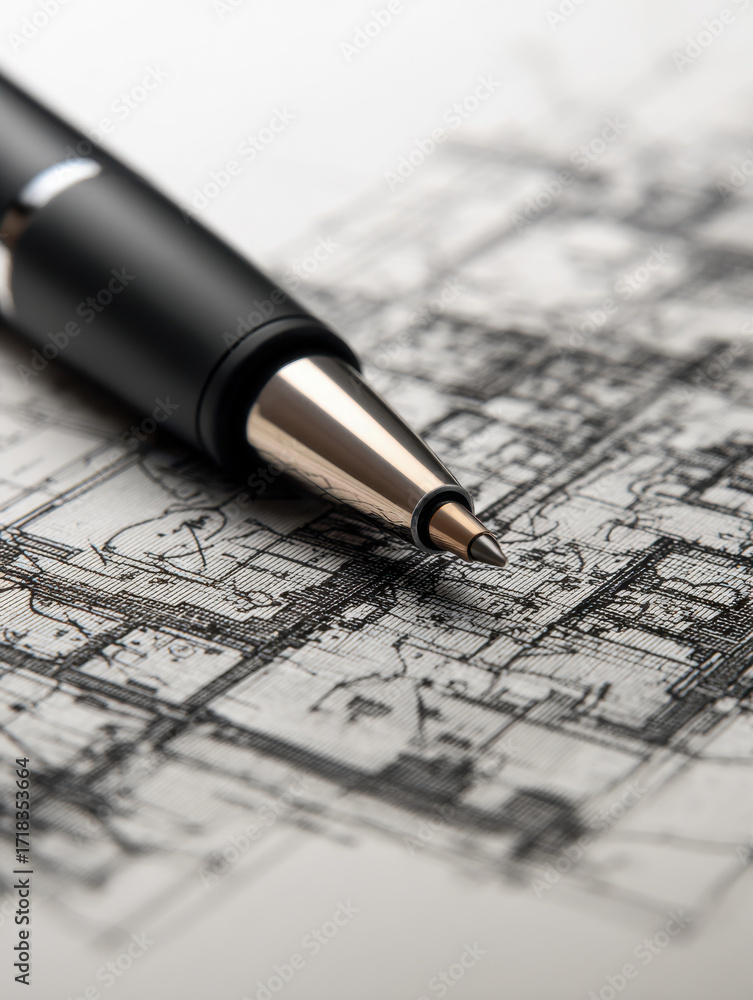 Poster close-up of a sleek black pen resting on detailed architectural blueprints depicting building floor 