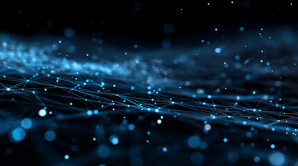 An abstract dark tech grid illuminated by glowing blue nodes, symbolizing digital networks, data connections, and futuristic technology.