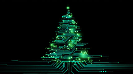 abstract christmas tree with lights , digital technology style ,  black background