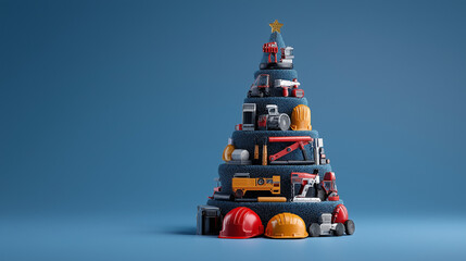 An industrial style Christmas tree made from various tools , equipment  and machinery , on blue  background