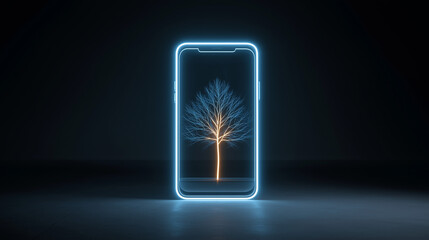 3D rendering of blue tree  neon holographic phone symbol, glowing with futuristic light, representing communication, technology, connectivity, and digital innovation.
