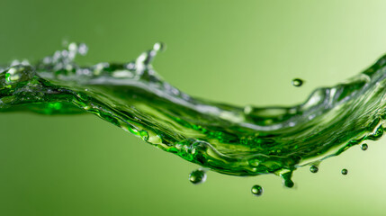 Dynamic splash of vibrant green liquid frozen in motion with smooth flowing curves and droplets against a soft green gradient background for nature and freshness concepts