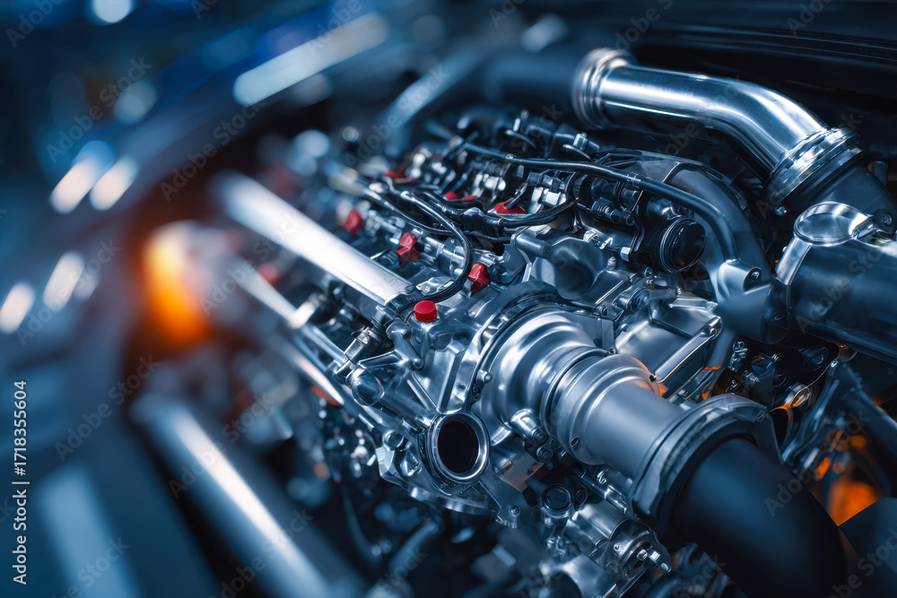 Poster close-up of a high-performance car engine showcasing intricate mechanical details and metallic compo