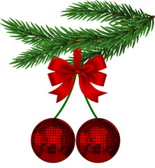 isolated christmas decoration. cherry shaped red disco balls. christmas ornament with pine branch and red bow with ribbon